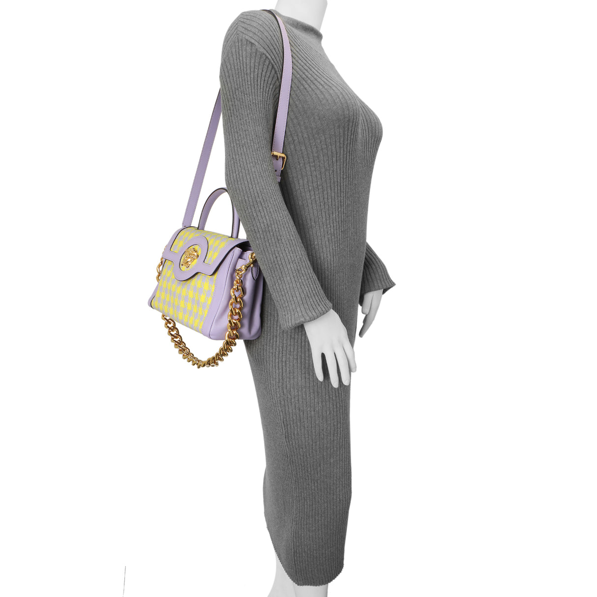 Versace Lilac Yellow Calfskin Canvas Houndstooth Medium La Medusa Top Handle Bag