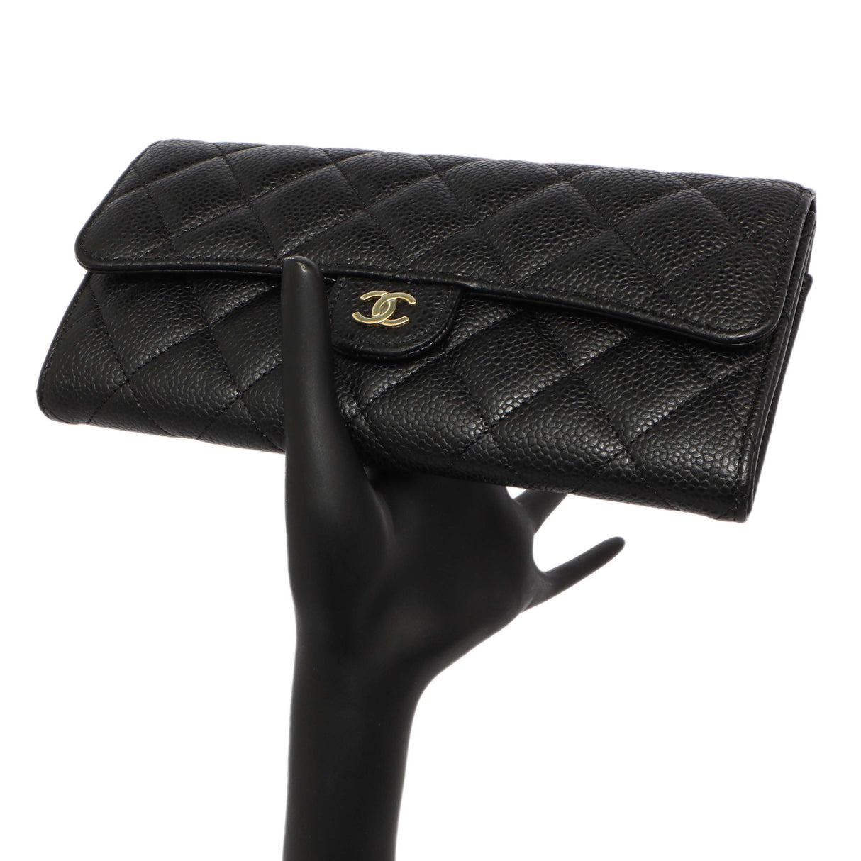Chanel Black Quilted Caviar Large Gusset Flap Wallet
