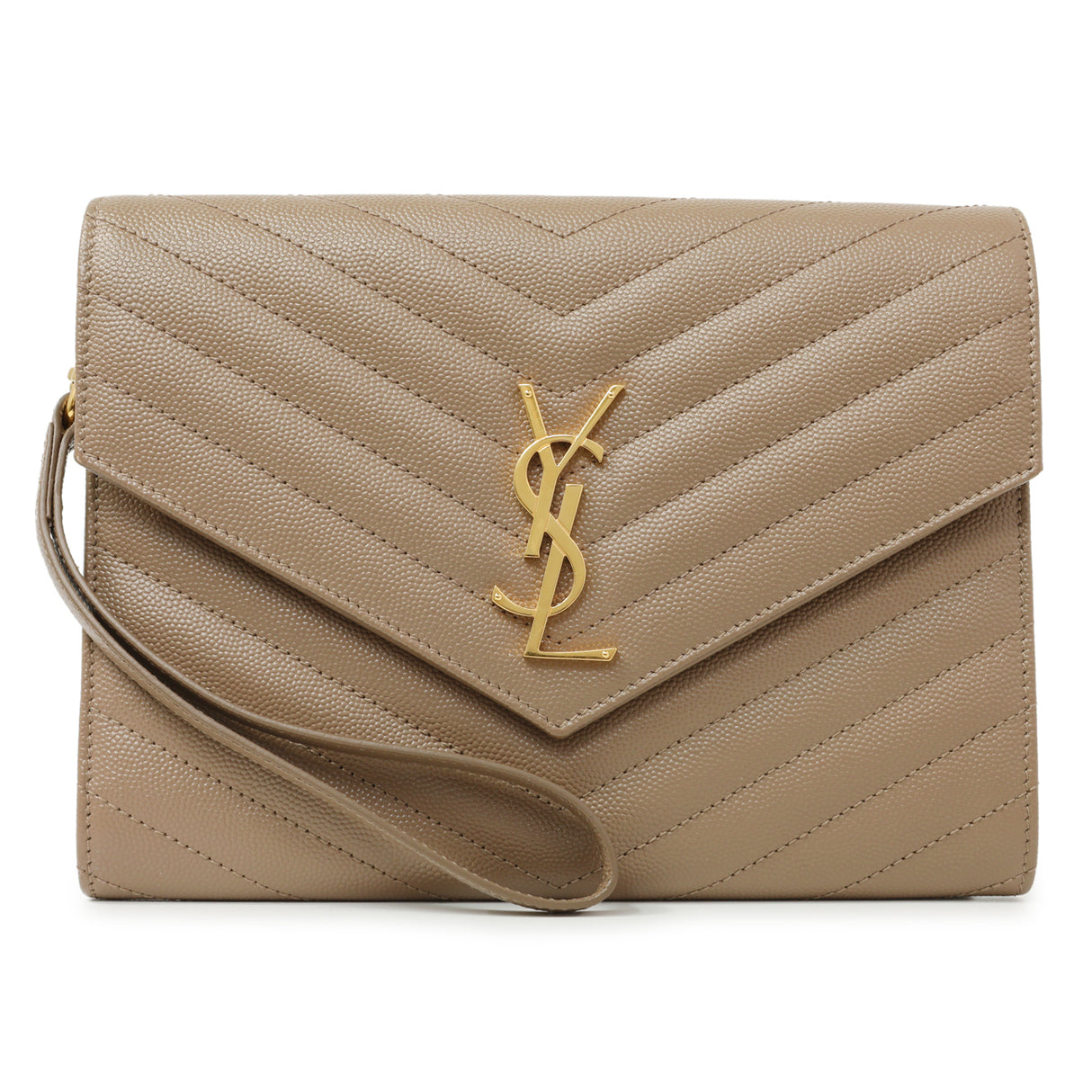 Saint Laurent Dark Beige Grain De Poudre Matelasse Chevron Monogram Cassandre Flap Pouch