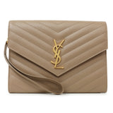 Saint Laurent Dark Beige Grain De Poudre Matelasse Chevron Monogram Cassandre Flap Pouch