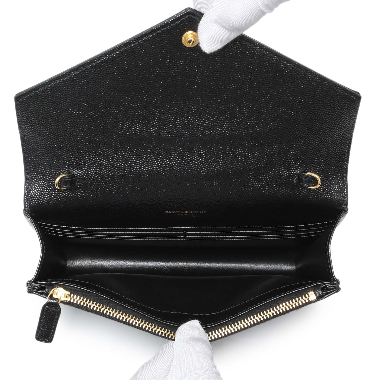 Saint Laurent Black Grain De Poudre Matelasse Chevron Monogram Envelope Chain Wallet
