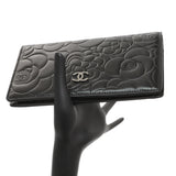 Chanel Black Lambskin Camellia Embossed Yen Wallet Accessories Chanel