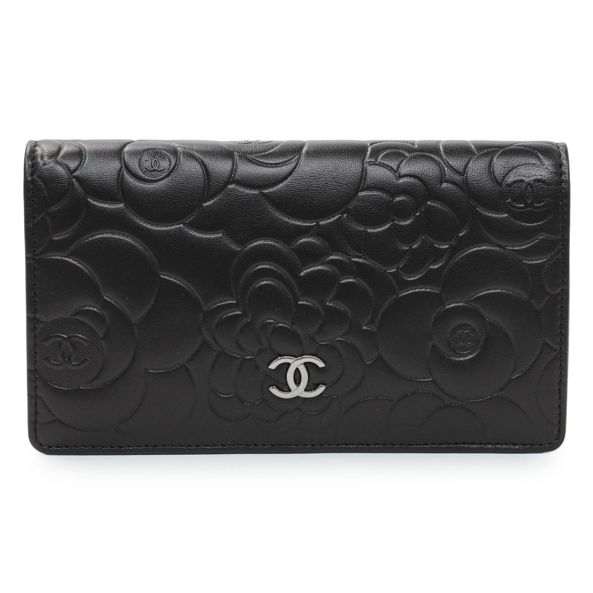 Chanel Black Lambskin Camellia Embossed Yen Wallet Accessories Chanel