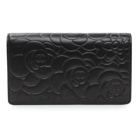 Chanel Black Lambskin Camellia Embossed Yen Wallet