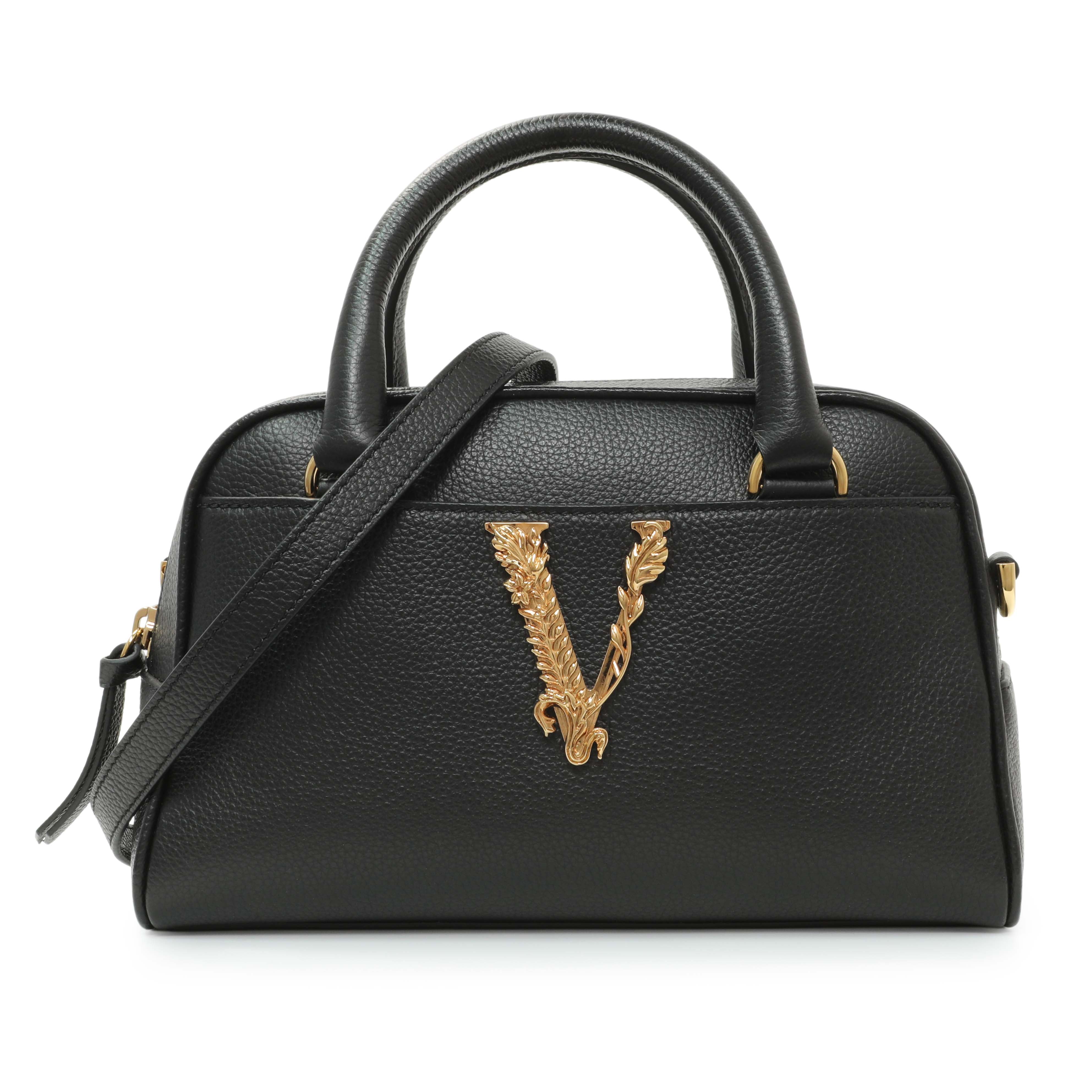 Versace Black Grained Calfskin Virtus Small Bowling Bag – Modaselle