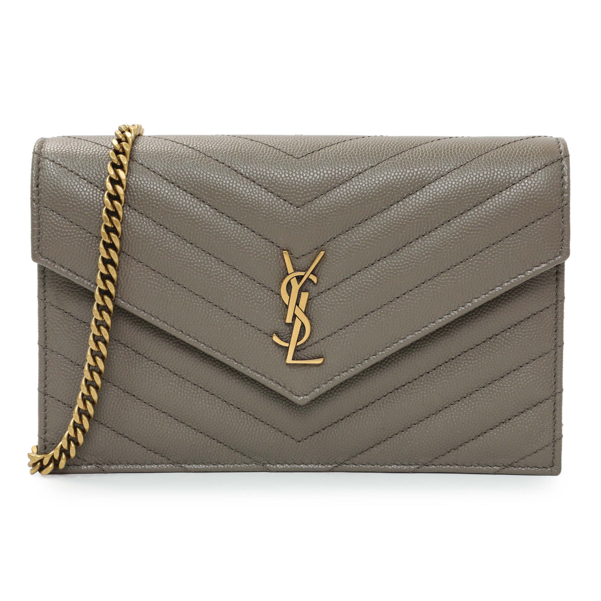 Saint Laurent Taupe Grey Grain De Poudre Envelope Chain Wallet Handbags Saint Laurent