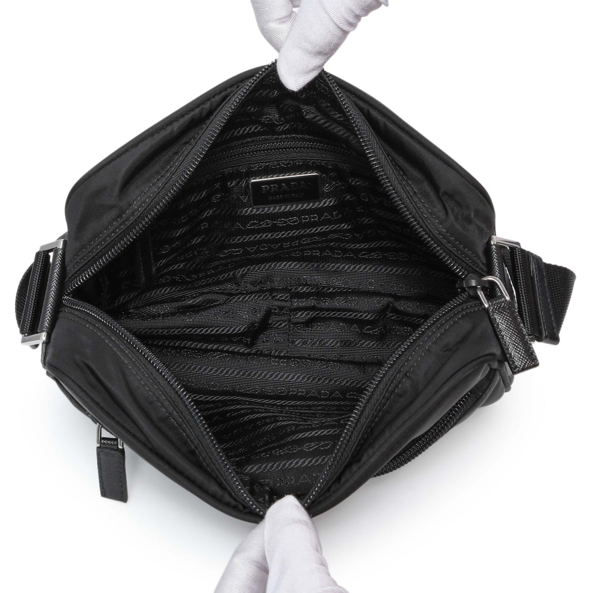 Prada Re-Nylon Vela Saffiano Pocket Double Zip Shoulder Bag Black Handbags Prada