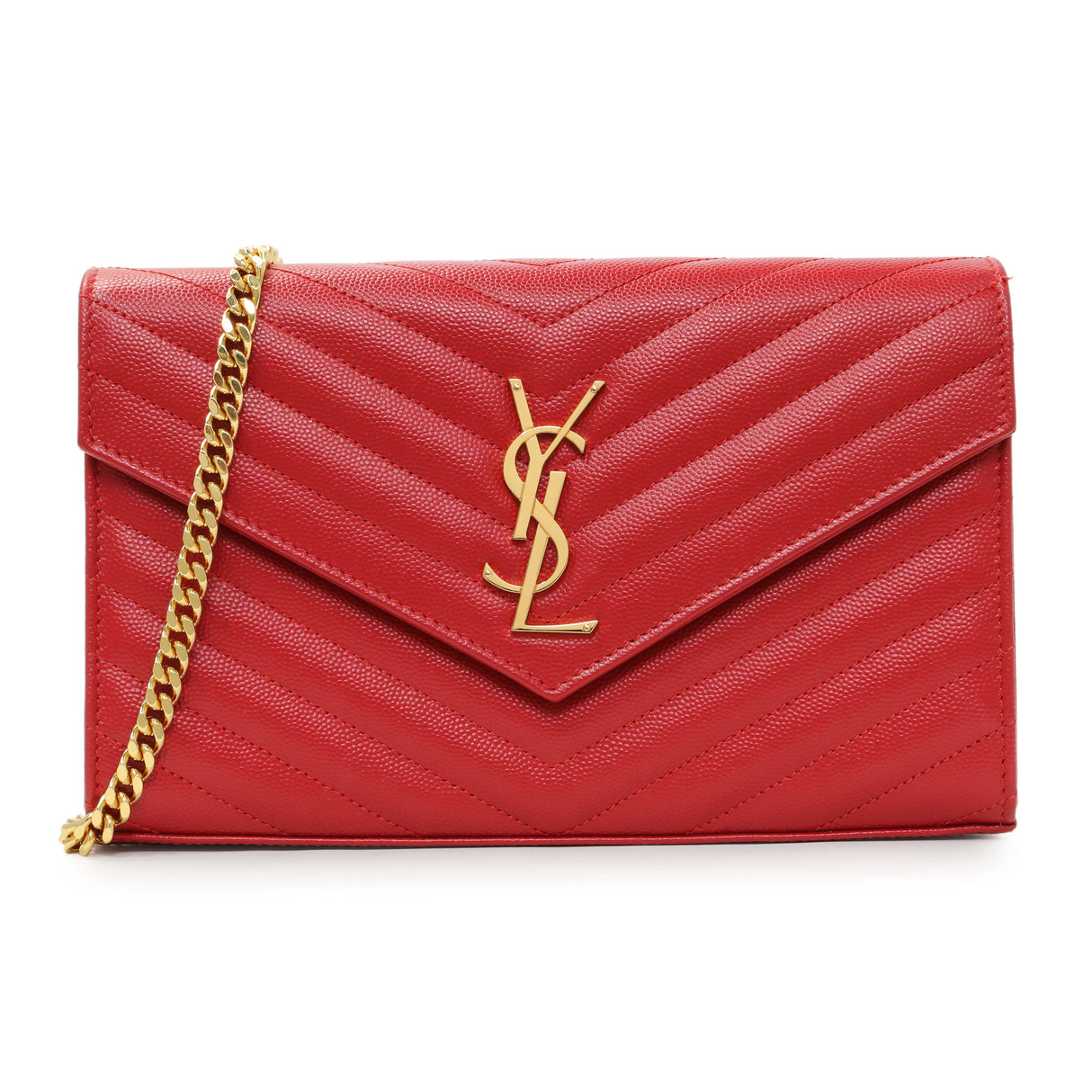 Saint Laurent Red Grain De Poudre Matelasse Chevron Monogram Chain Wallet Handbags Saint Laurent