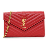 Saint Laurent Red Grain De Poudre Matelasse Chevron Monogram Chain Wallet Handbags Saint Laurent
