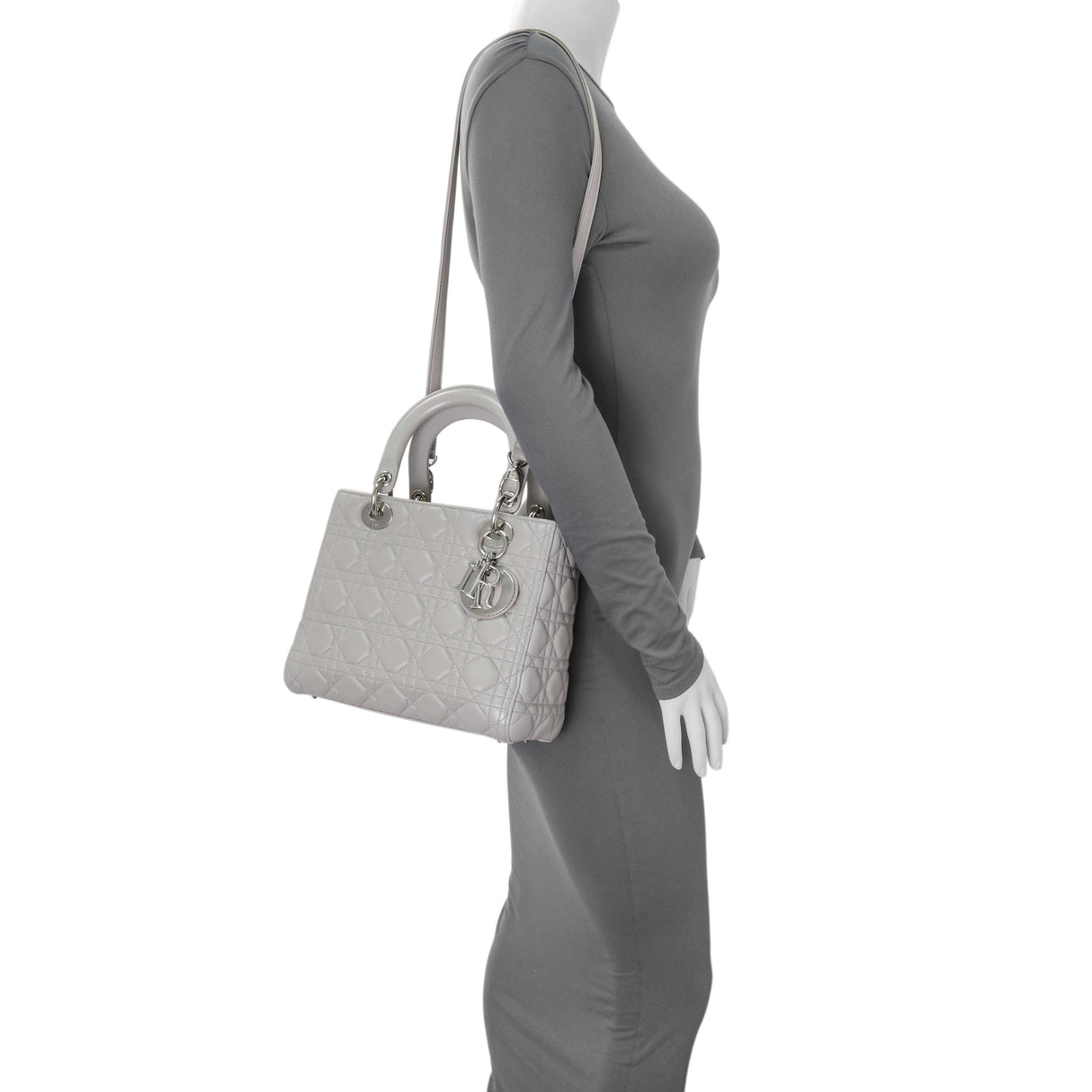 Christian Dior Grey Lambskin Cannage Medium Lady Dior Handbags Christian Dior