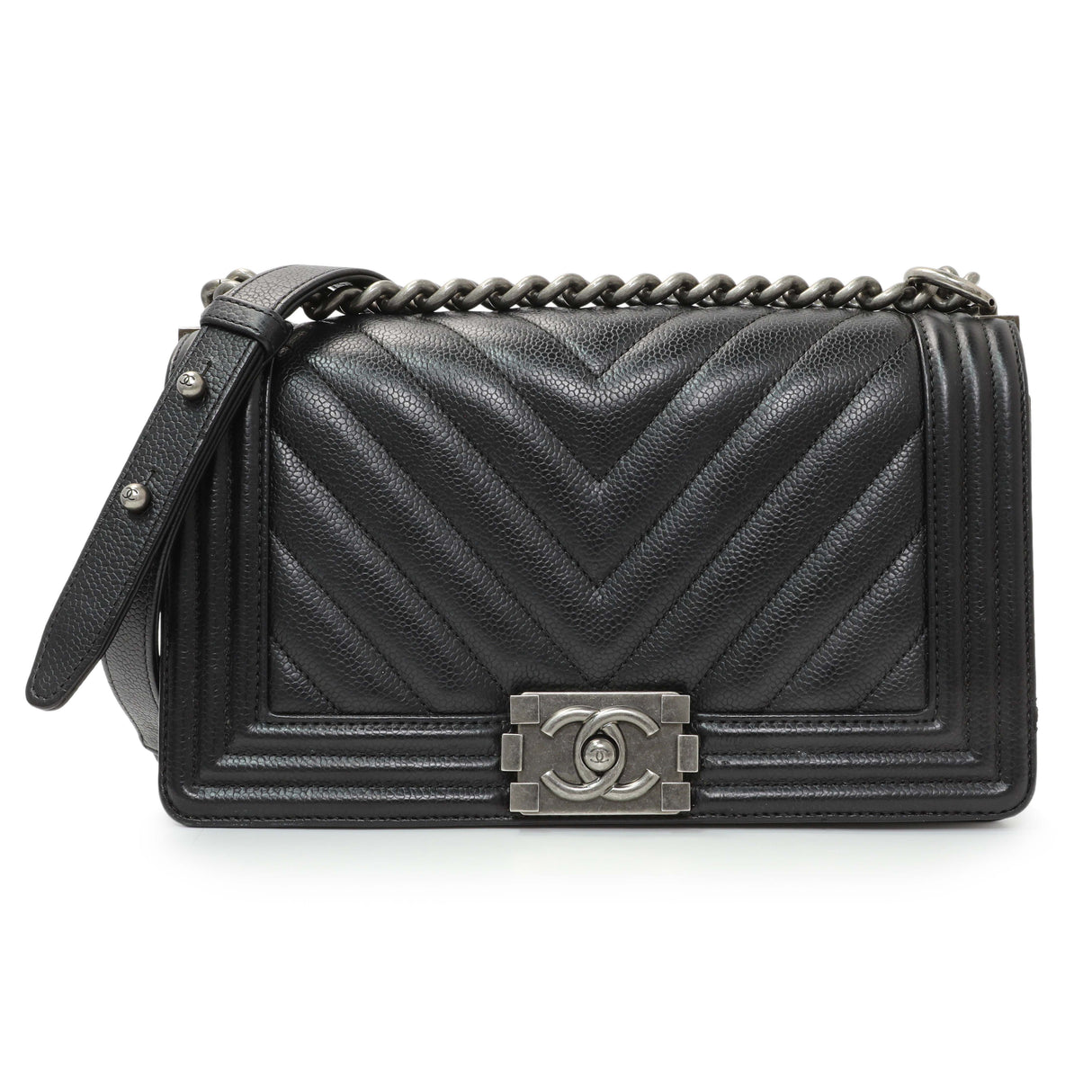Chanel Black Chevron Quilted Caviar Medium Boy Flap Handbags Chanel