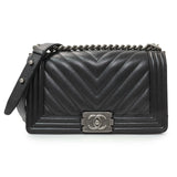 Chanel Black Chevron Quilted Caviar Medium Boy Flap Handbags Chanel