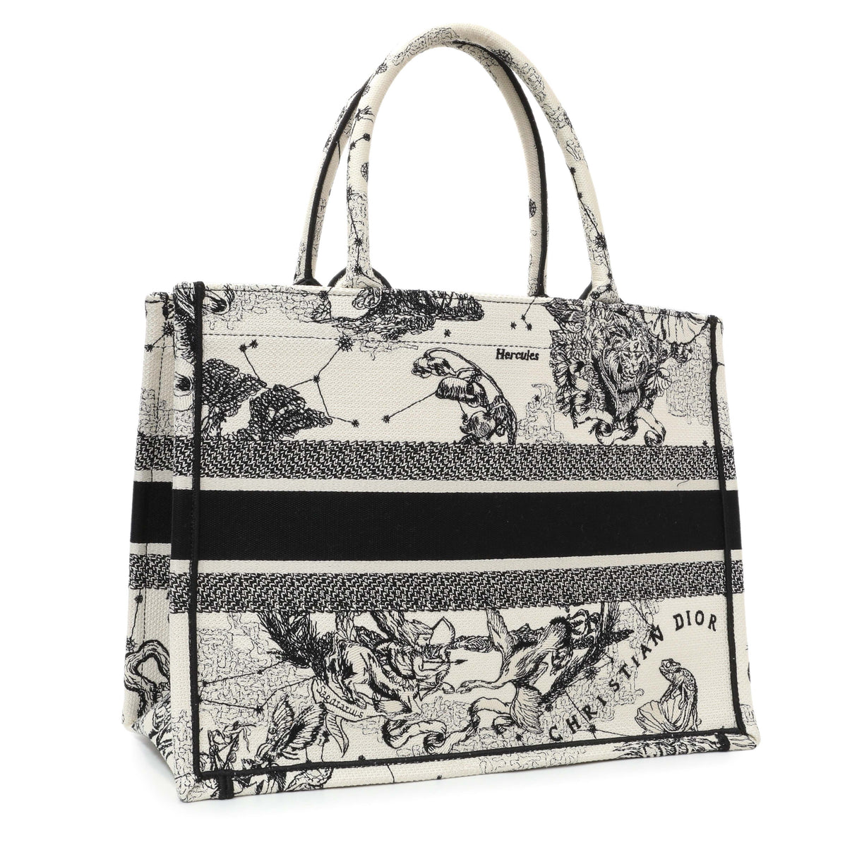 Christian Dior Latte and Black Canvas Embroidered Zodiac Toile de Jouy Medium Book Tote