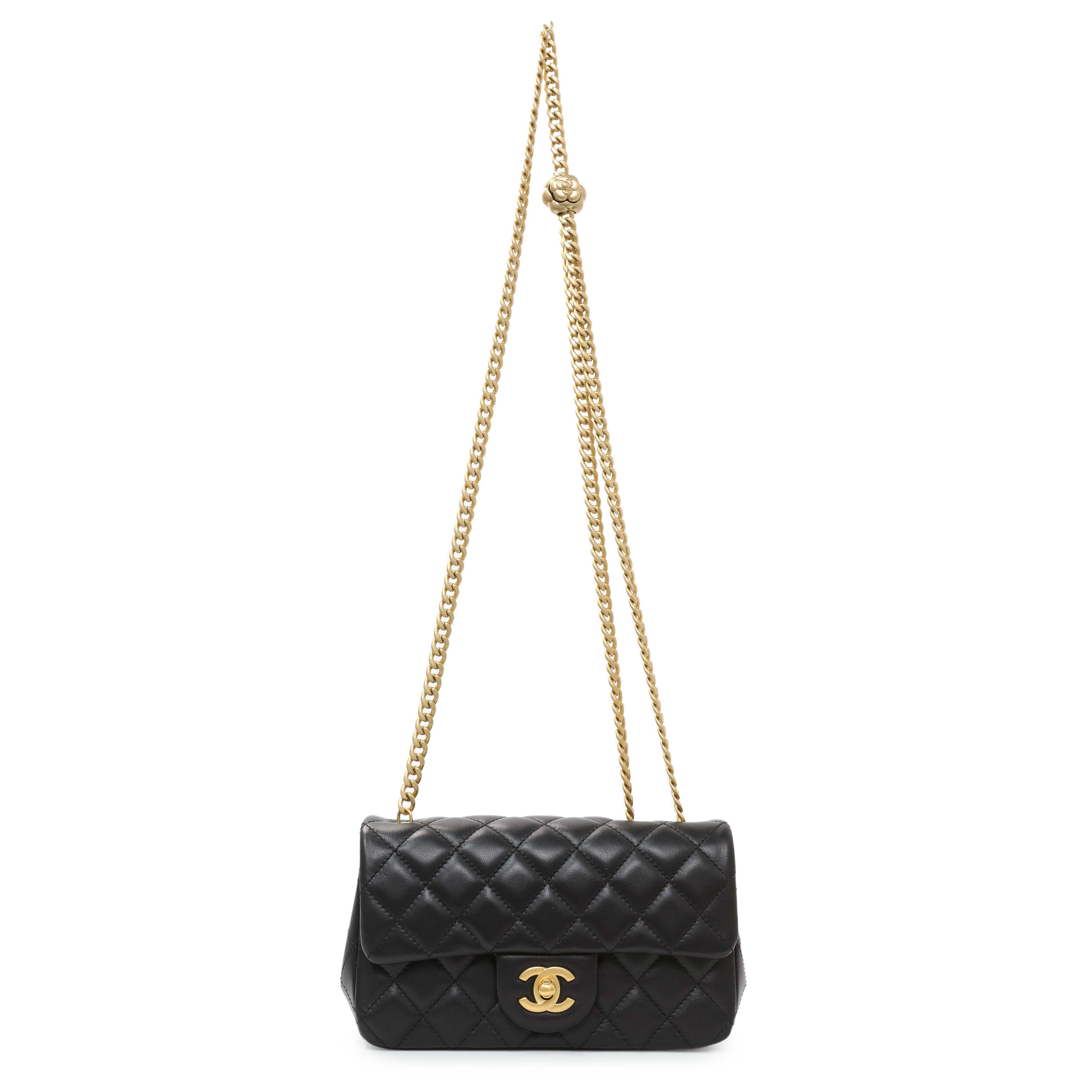 Chanel Black Mini Rectangular Flap Bag with Camellia Adjusting