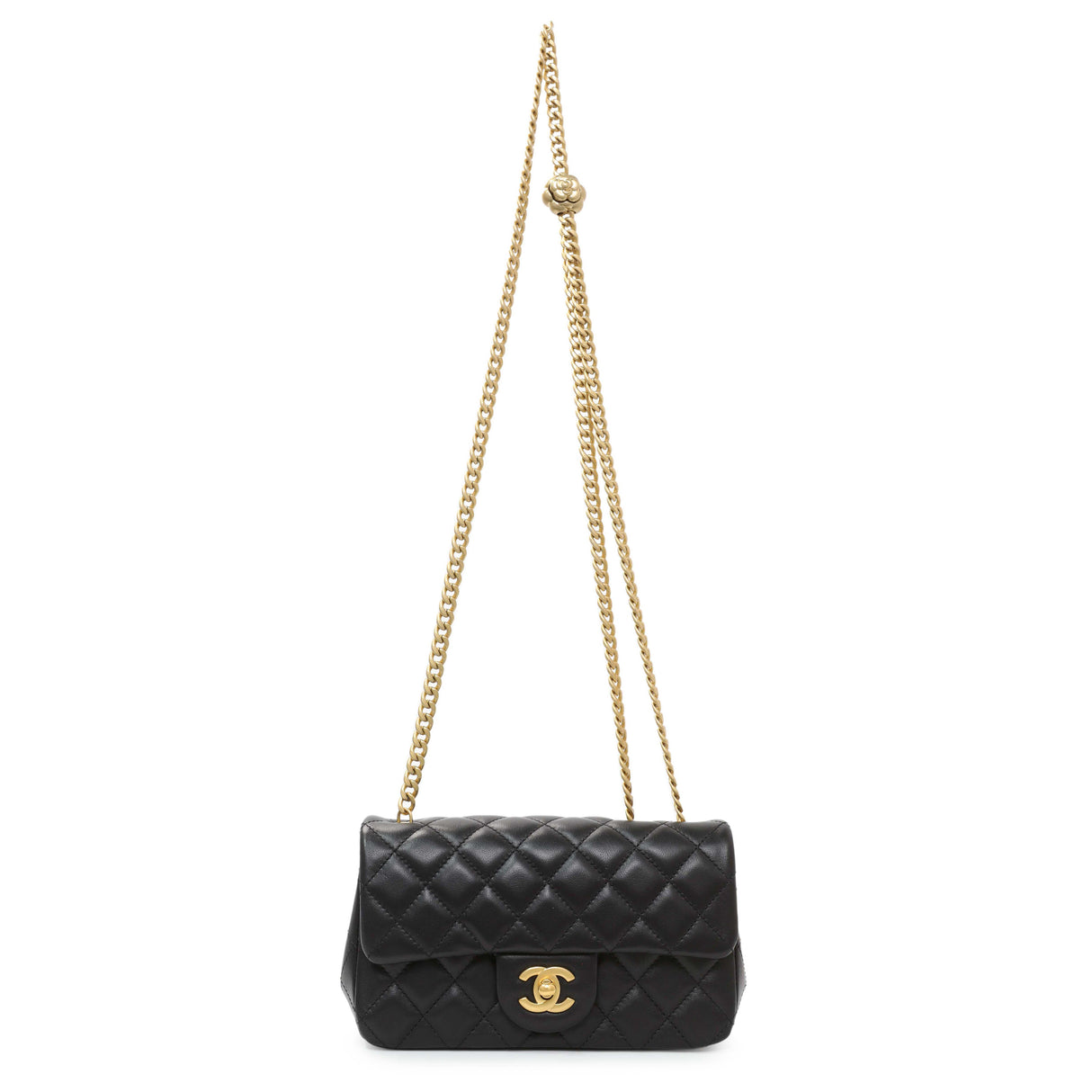 Chanel Black Mini Rectangular Flap Bag with Camellia Adjusting Chain Handbags Chanel