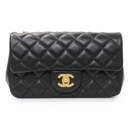 Chanel Black Mini Rectangular Flap Bag with Camellia Adjusting Chain Handbags Chanel