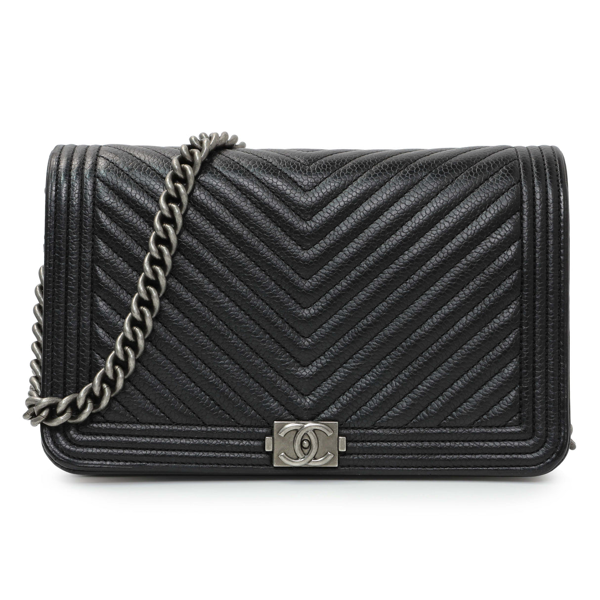 Chanel Black Grained Calfskin Chevron Quilted Boy Wallet On Chain Handbags Chanel