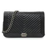 Chanel Black Grained Calfskin Chevron Quilted Boy Wallet On Chain Handbags Chanel