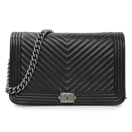 Chanel Black Grained Calfskin Chevron Quilted Boy Wallet On Chain Handbags Chanel