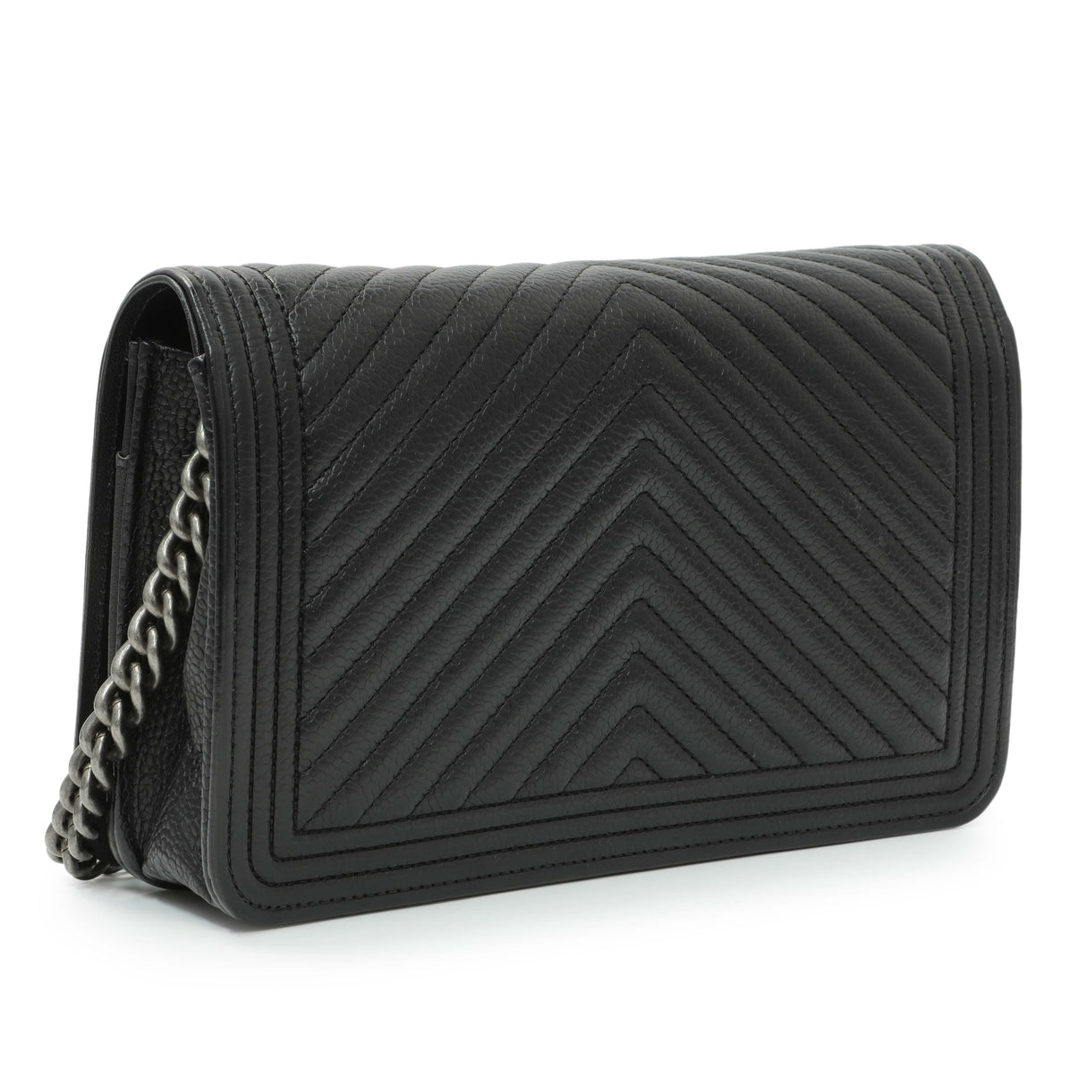 Chanel Black Grained Calfskin Chevron Quilted Boy Wallet On Chain Handbags Chanel