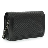 Chanel Black Grained Calfskin Chevron Quilted Boy Wallet On Chain Handbags Chanel