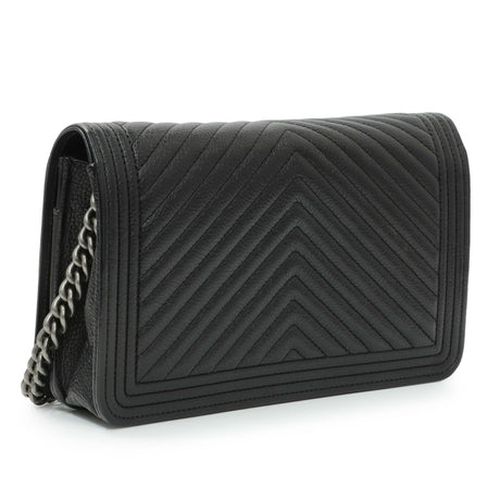 Chanel Black Grained Calfskin Chevron Quilted Boy Wallet On Chain Handbags Chanel