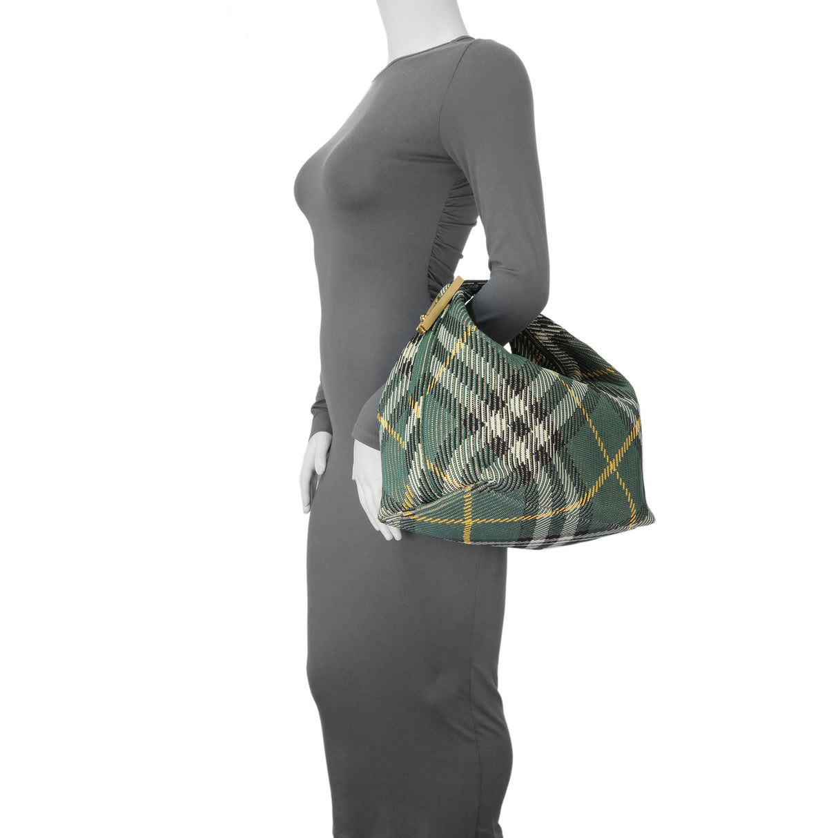 Burberry Green Canvas Knitted Check Peg Medium Duffle Bag
