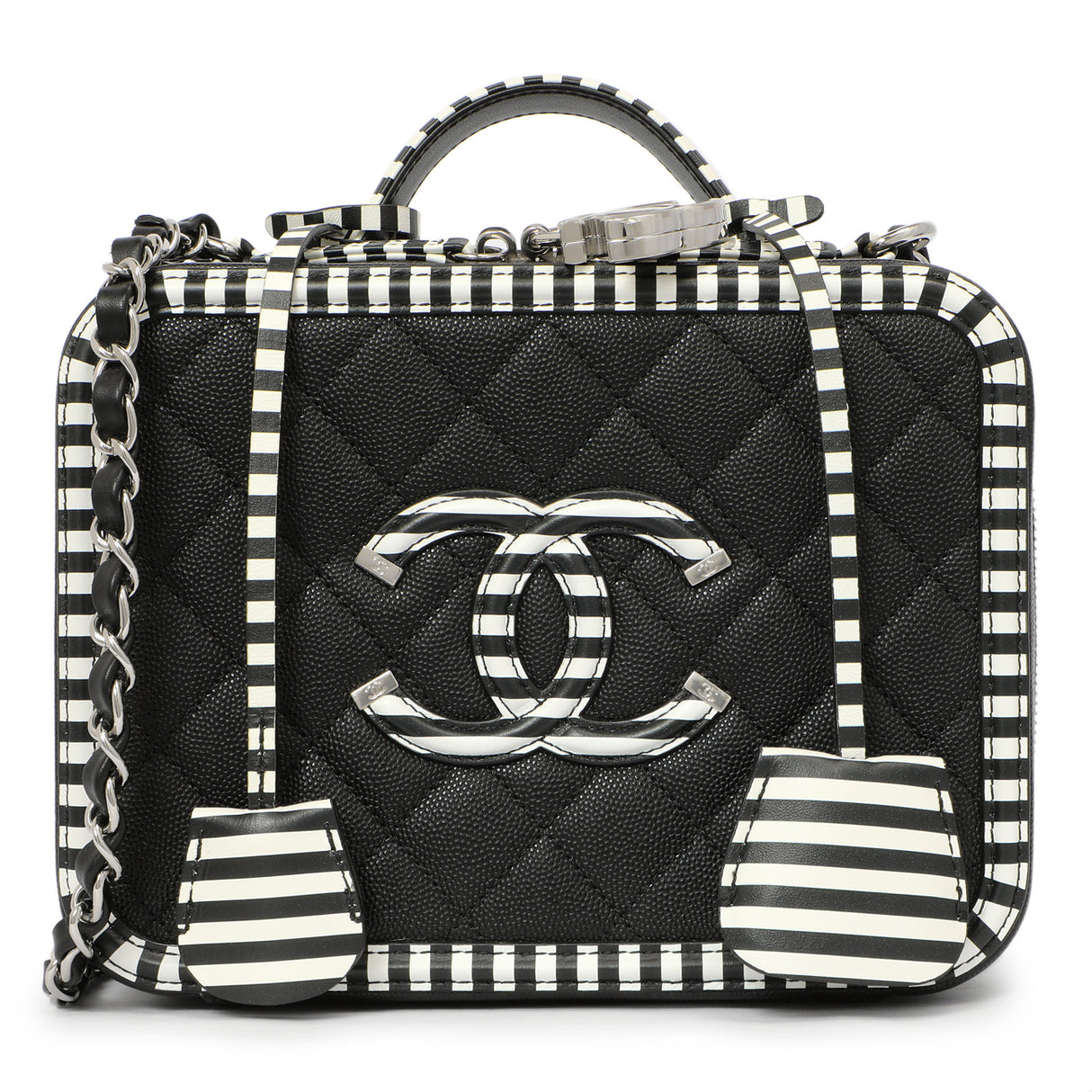 Chanel Black Quilted Caviar Striped Medium CC Filigree Vanity Case