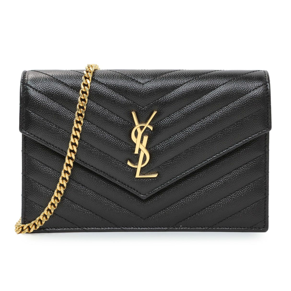 Saint Laurent Black Grain De Poudre Matelasse Chevron Monogram Envelope Chain Wallet