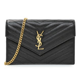 Saint Laurent Black Grain De Poudre Matelasse Chevron Monogram Envelope Chain Wallet
