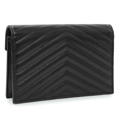 Saint Laurent Black Grain De Poudre Matelasse Chevron Monogram Envelope Chain Wallet