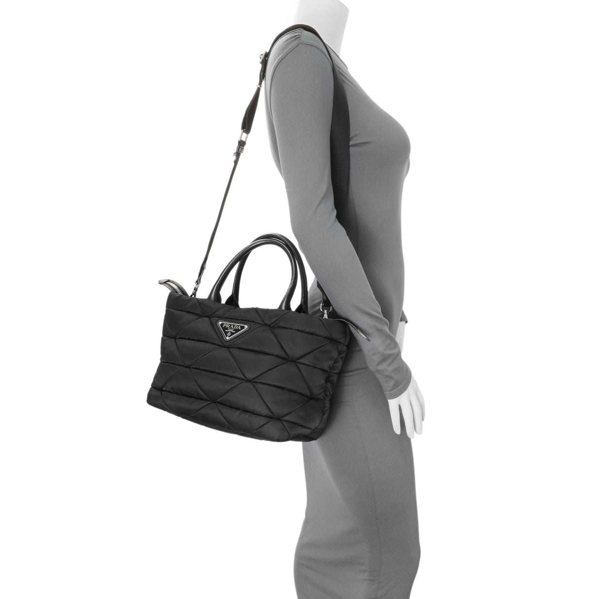 Prada Black Re-Nylon Padded Double Handled Zip Tote Handbags Prada