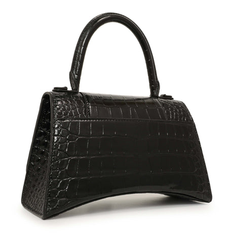 Balenciaga Black Monochrome Crocodile Embossed Calfskin Small Hourglass Top Handle Bag