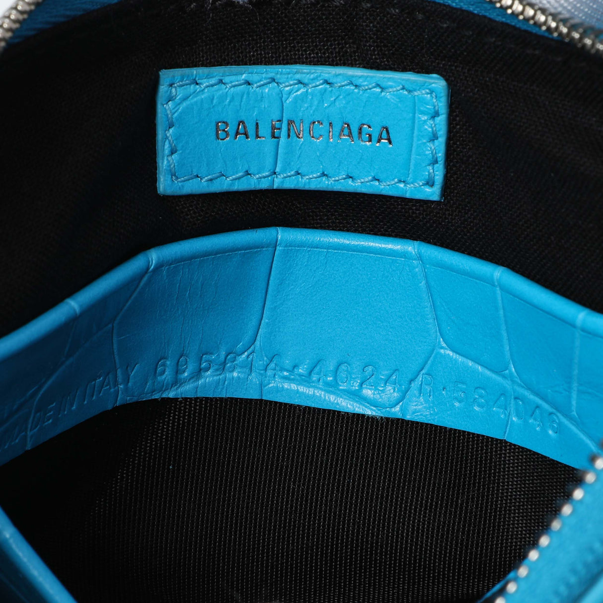 Balenciaga Blue Crocodile Embossed Calfskin Crystal Le Cagole Mini Purse With Chain Handbags Balenciaga