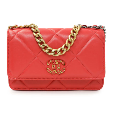 Chanel Red Lambskin Quilted Chanel 19 Wallet On Chain Handbags Chanel
