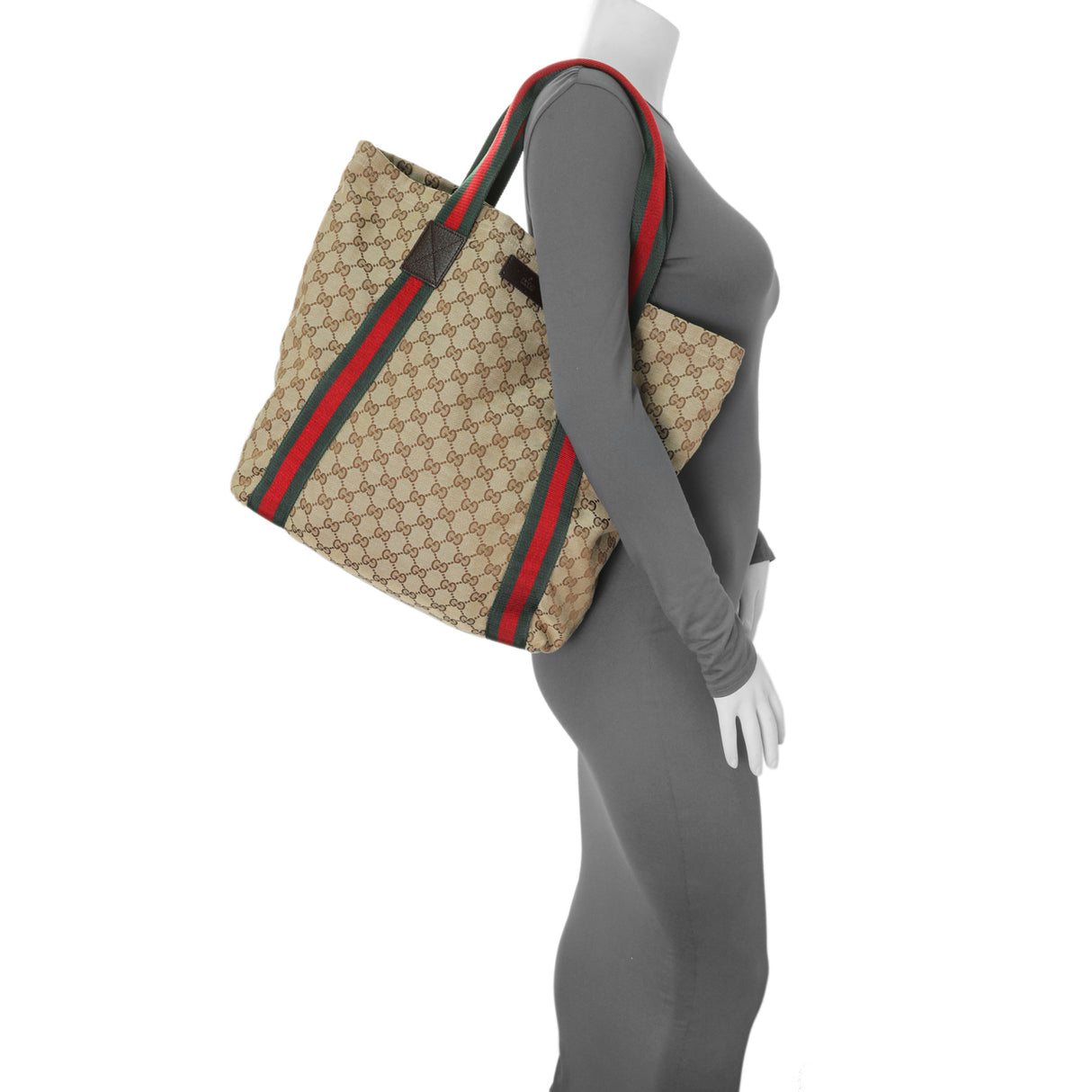 Gucci GG Monogram Medium Web Handle Vertical Tote Dark Brown Handbags Gucci