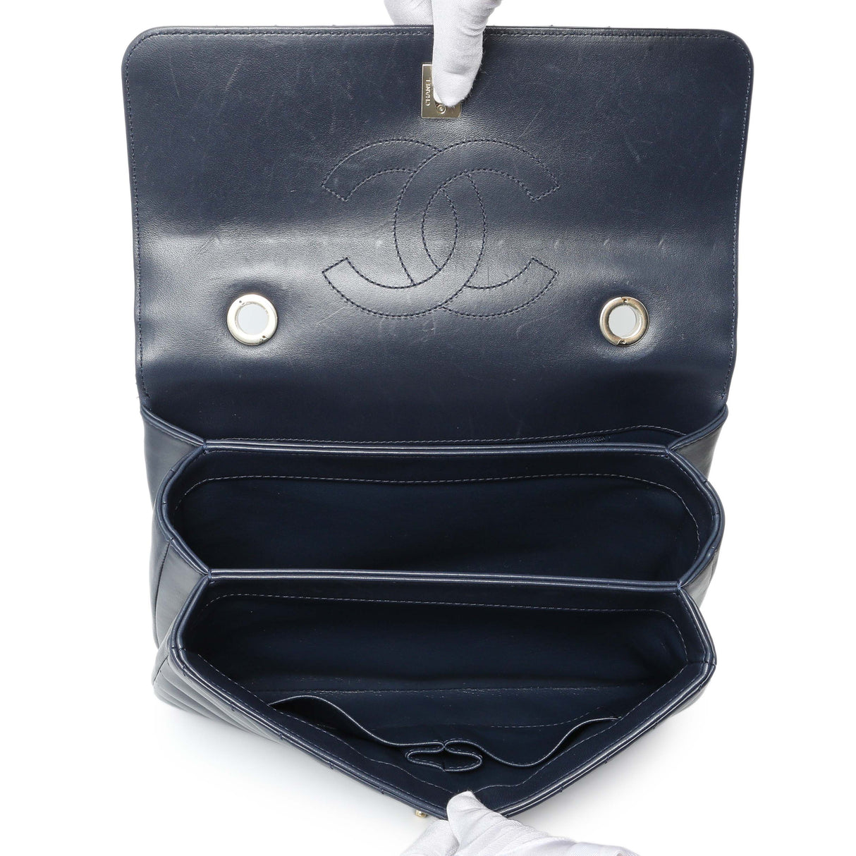 Chanel Blue Chevron Quilted Lambskin Medium Trendy CC Dual Handle Flap Bag Handbags Chanel