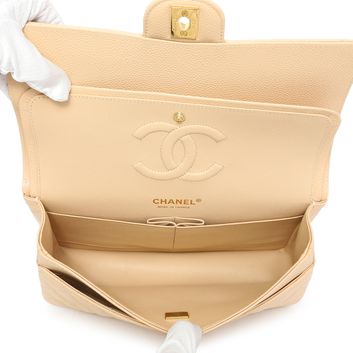 Chanel Beige Quilted Caviar Medium Double Flap Handbags Chanel