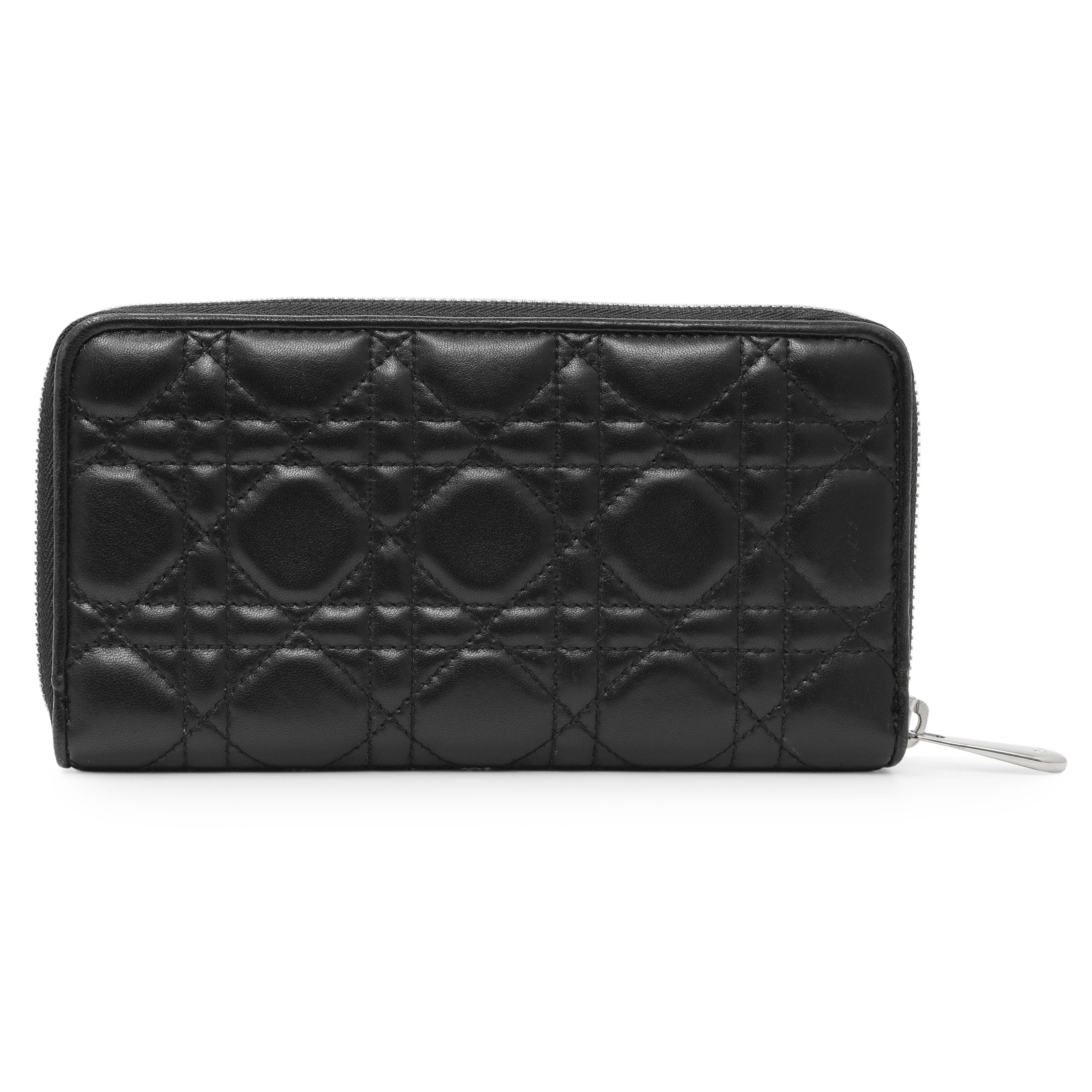Christian Dior Black Lambskin Cannage Lady Dior Zip Wallet – Modaselle