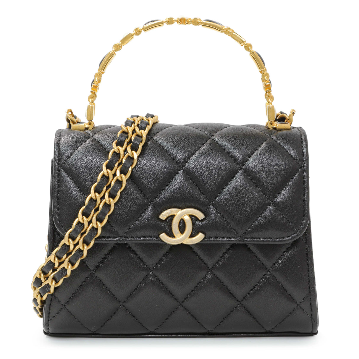 Chanel Black Lambskin Enamel Quilted Top Handle Flap Handbags Chanel