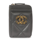 Chanel Grey Quilted Lambskin 19 Vertical Zip Card Holder Wallet