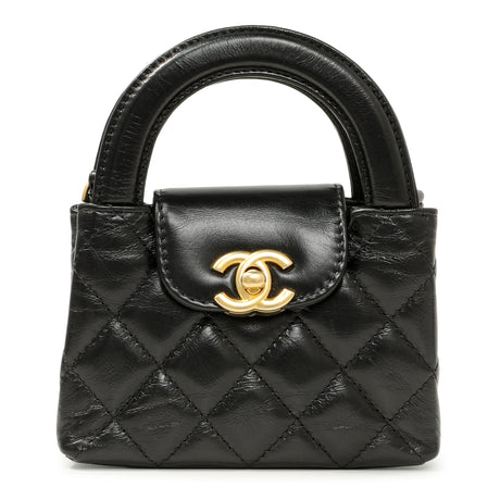 Chanel Black Shiny Aged Calfskin Quilted Mini Nano Kelly Shopper