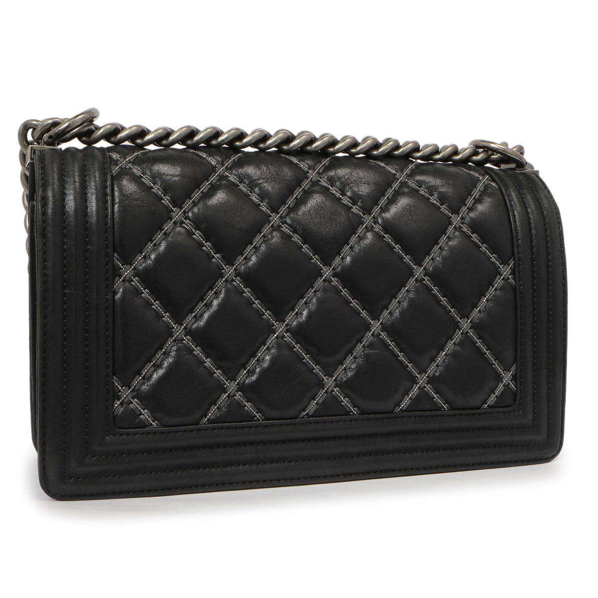 Chanel Black Quilted Iridescent Calfskin Embellished Double Stitch Medium Boy Bag