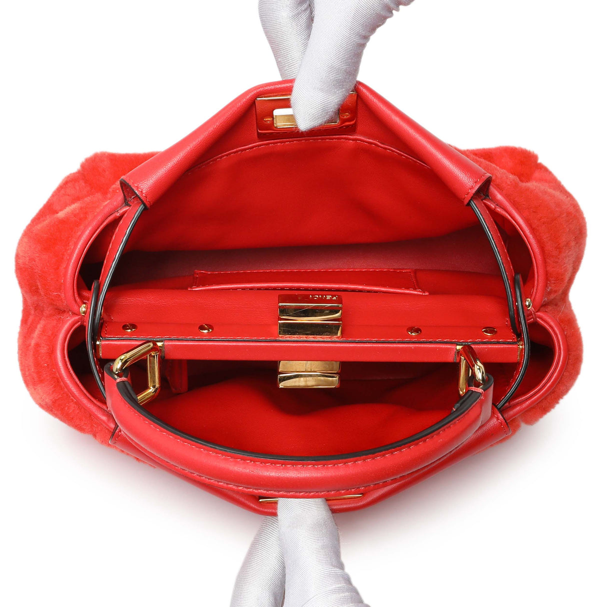 Fendi Orange Shearling FF Mini Peekaboo Iconic Satchel