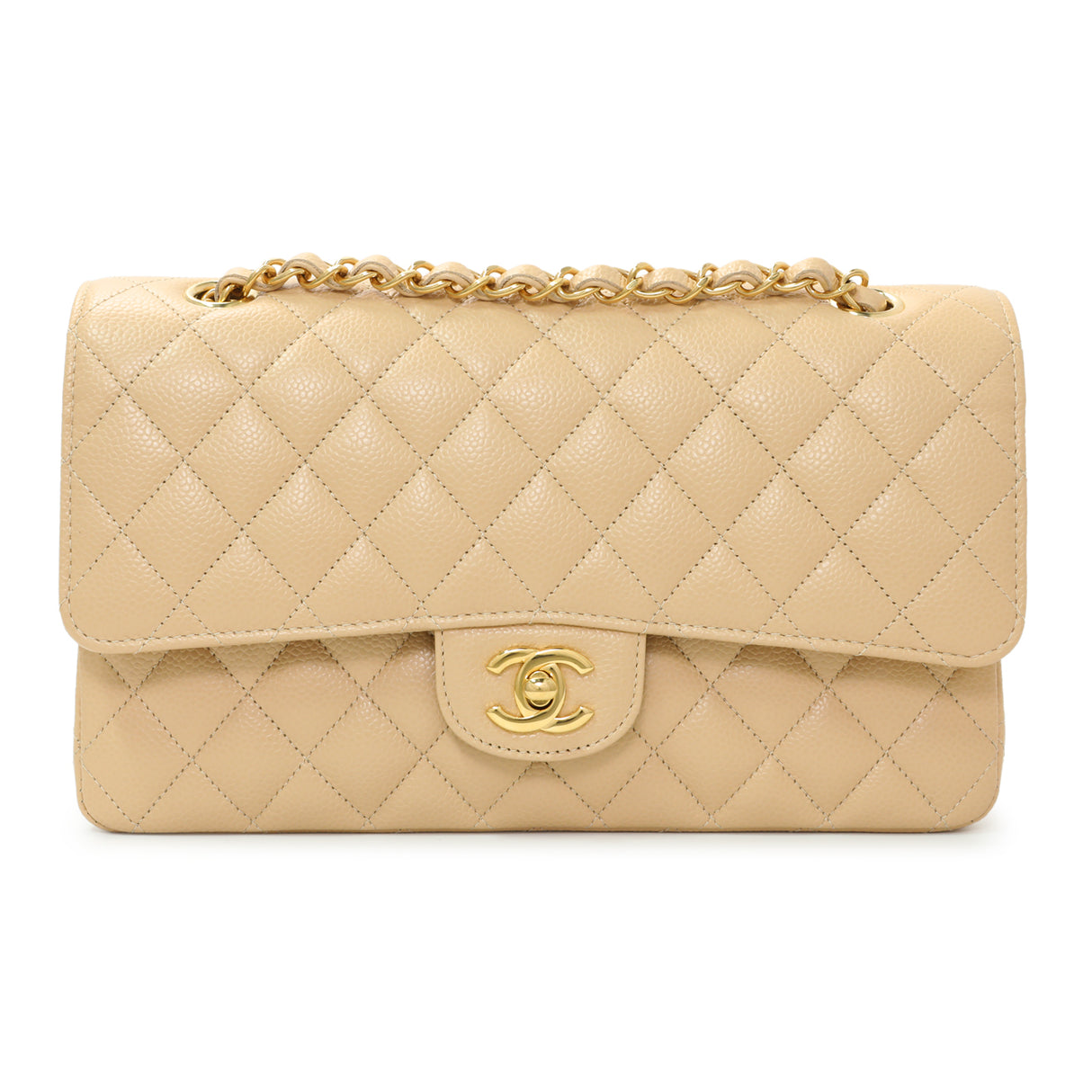 Chanel Beige Quilted Caviar Medium Double Flap Handbags Chanel