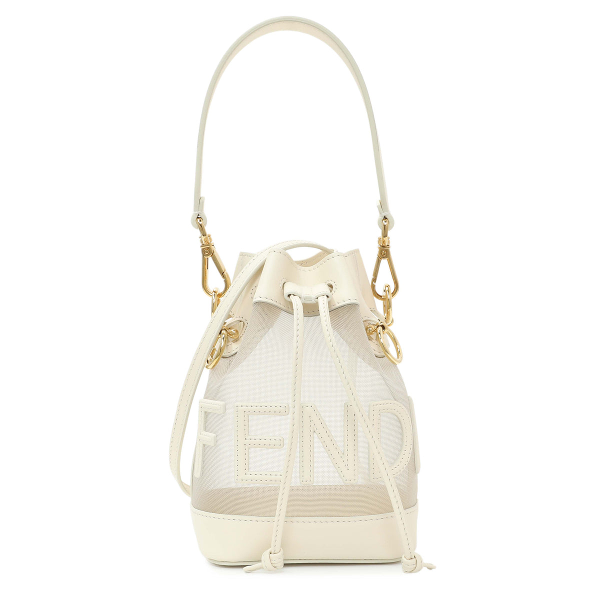Fendi Sabbia White Ice Mesh Vitello King F is Fendi Logo Embroidered Mini Mon Tresor Bucket Bag