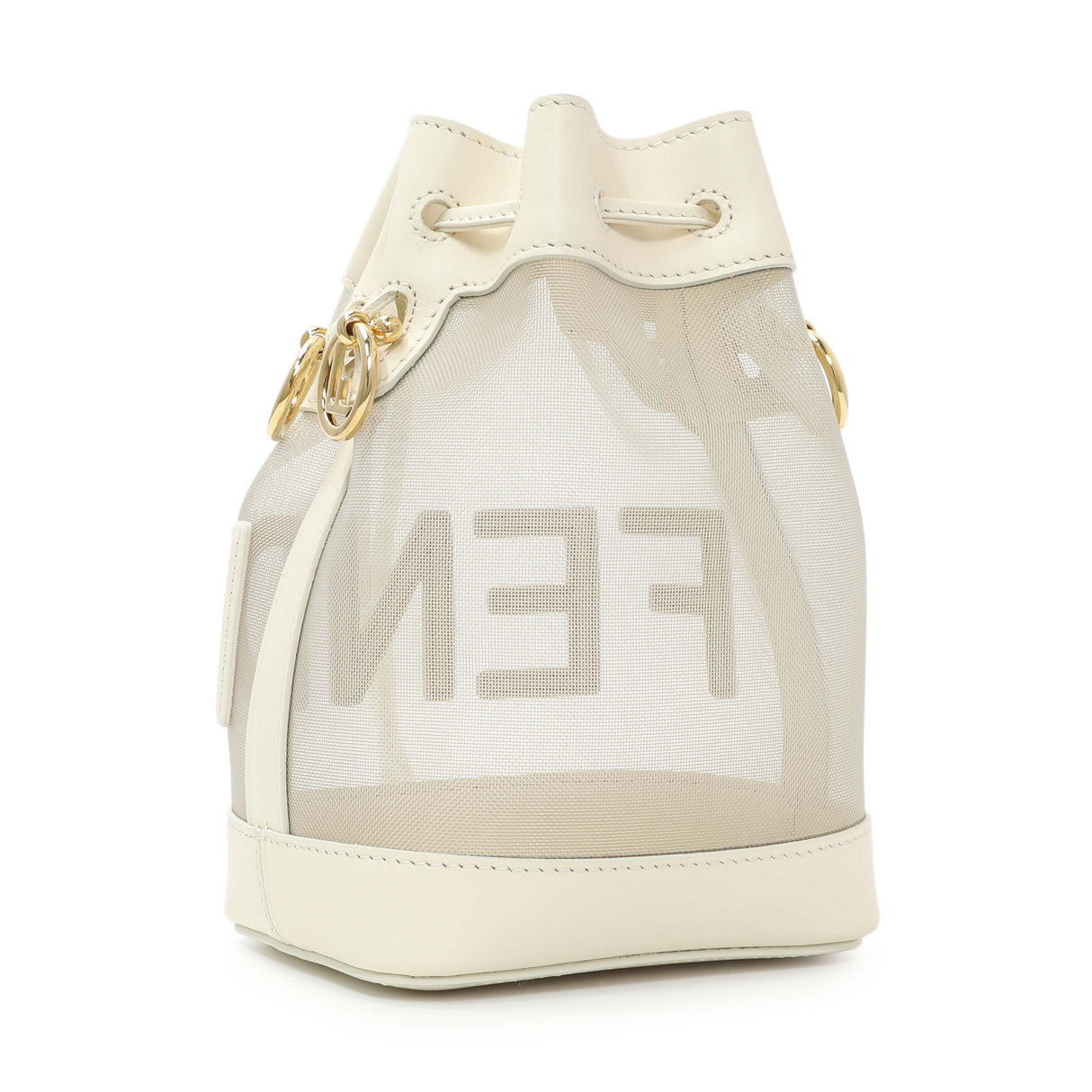 Fendi Sabbia White Ice Mesh Vitello King F is Fendi Logo Embroidered Mini Mon Tresor Bucket Bag