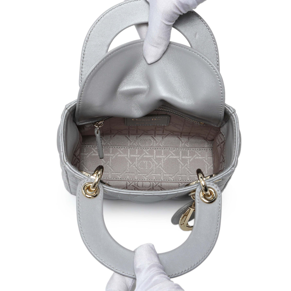 Christian Dior Grey Metallic Lambskin Cannage Mini Lady Dior