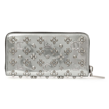 Christian Louboutin Silver Patent Leather Panettone Spiked Zip Around Wallet