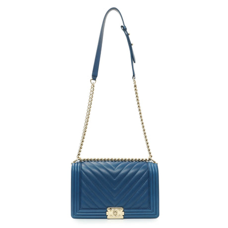 Chanel Blue Lambskin Chevron Quilted New Medium Boy Flap Handbags Chanel